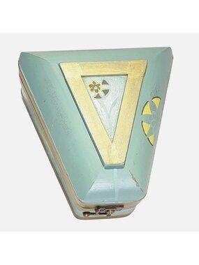 Vintage Deco Triangular Hand-Painted Wooden Tea Box Hinged Lid & Gold Accents